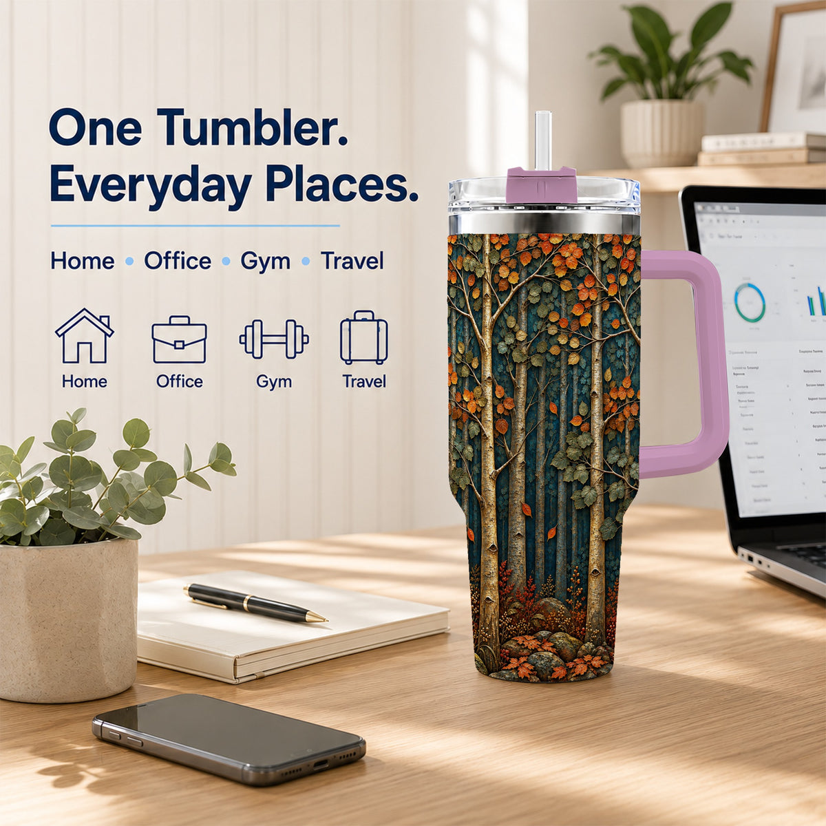 #pl[40oz|Pink] Autumn Birch Forest 40oz Tumbler with Handle, Fall Travel Cup