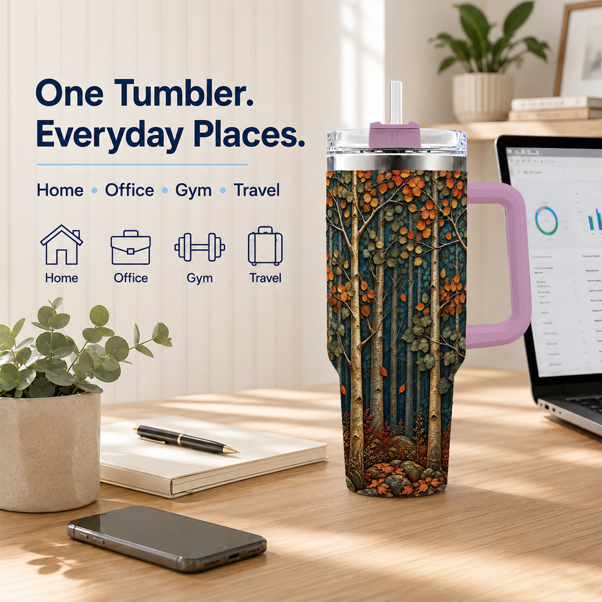 #pl[40oz|Pink] Autumn Birch Forest 40oz Tumbler with Handle, Fall Travel Cup