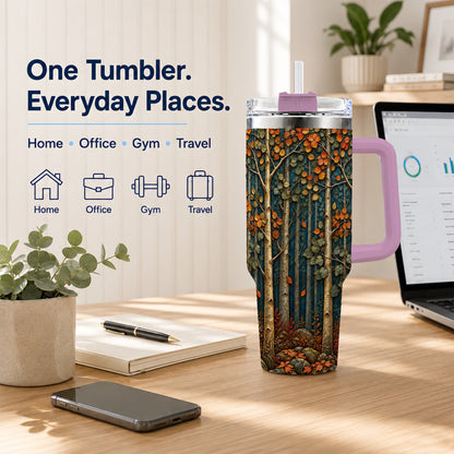 #pl[40oz|Pink] Autumn Birch Forest 40oz Tumbler with Handle, Fall Travel Cup