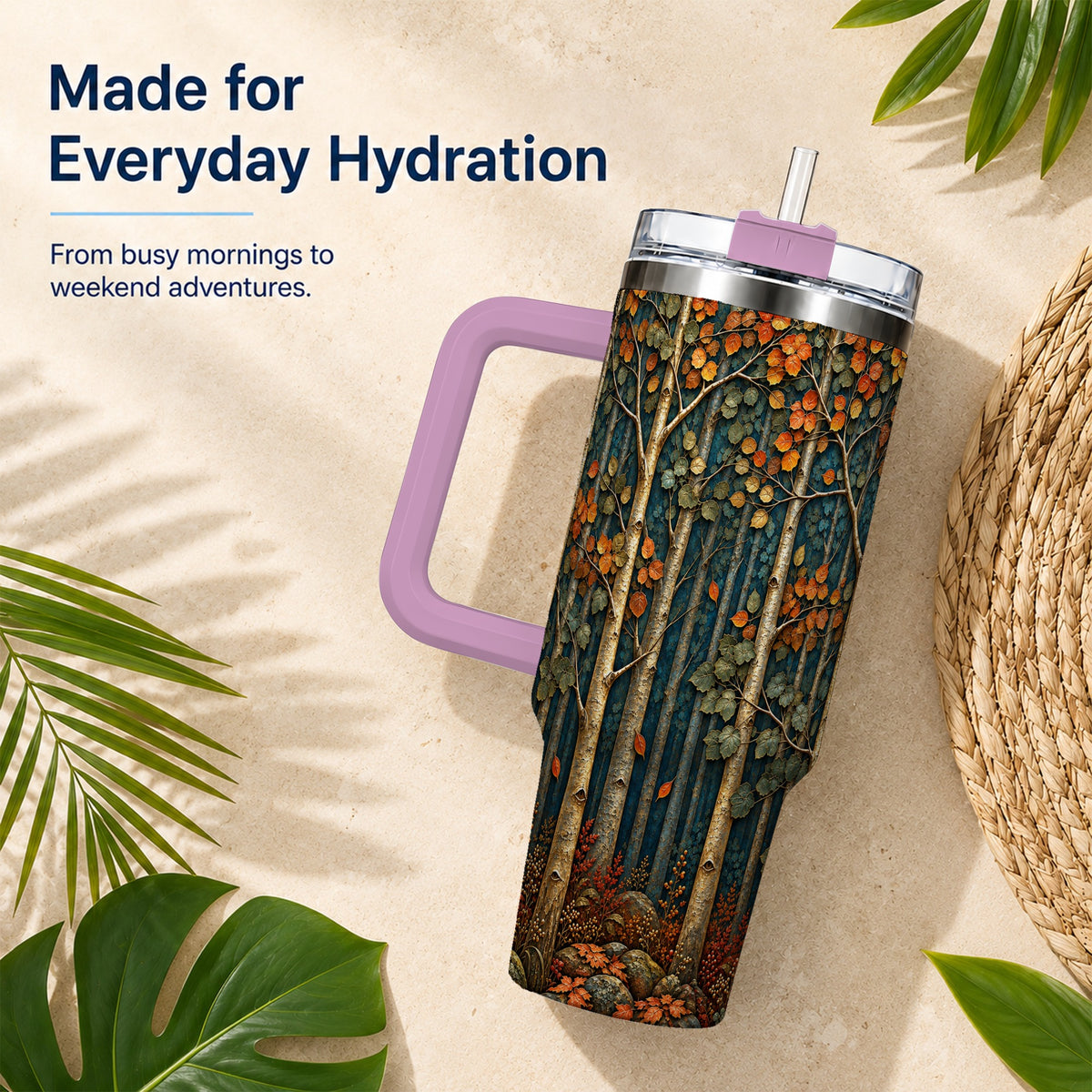 #pl[40oz|Pink] Autumn Birch Forest 40oz Tumbler with Handle, Fall Travel Cup