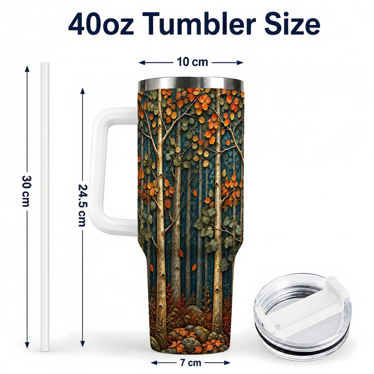 #pl[40oz|White] Autumn Birch Forest 40oz Tumbler with Handle, Fall Travel Cup