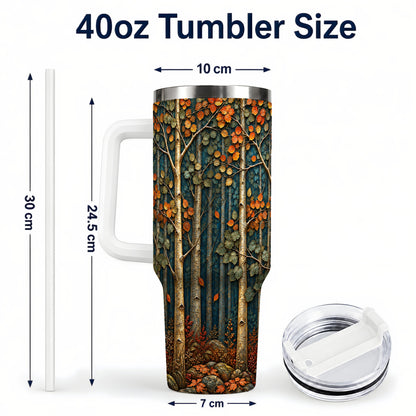 #pl[40oz|White] Autumn Birch Forest 40oz Tumbler with Handle, Fall Travel Cup