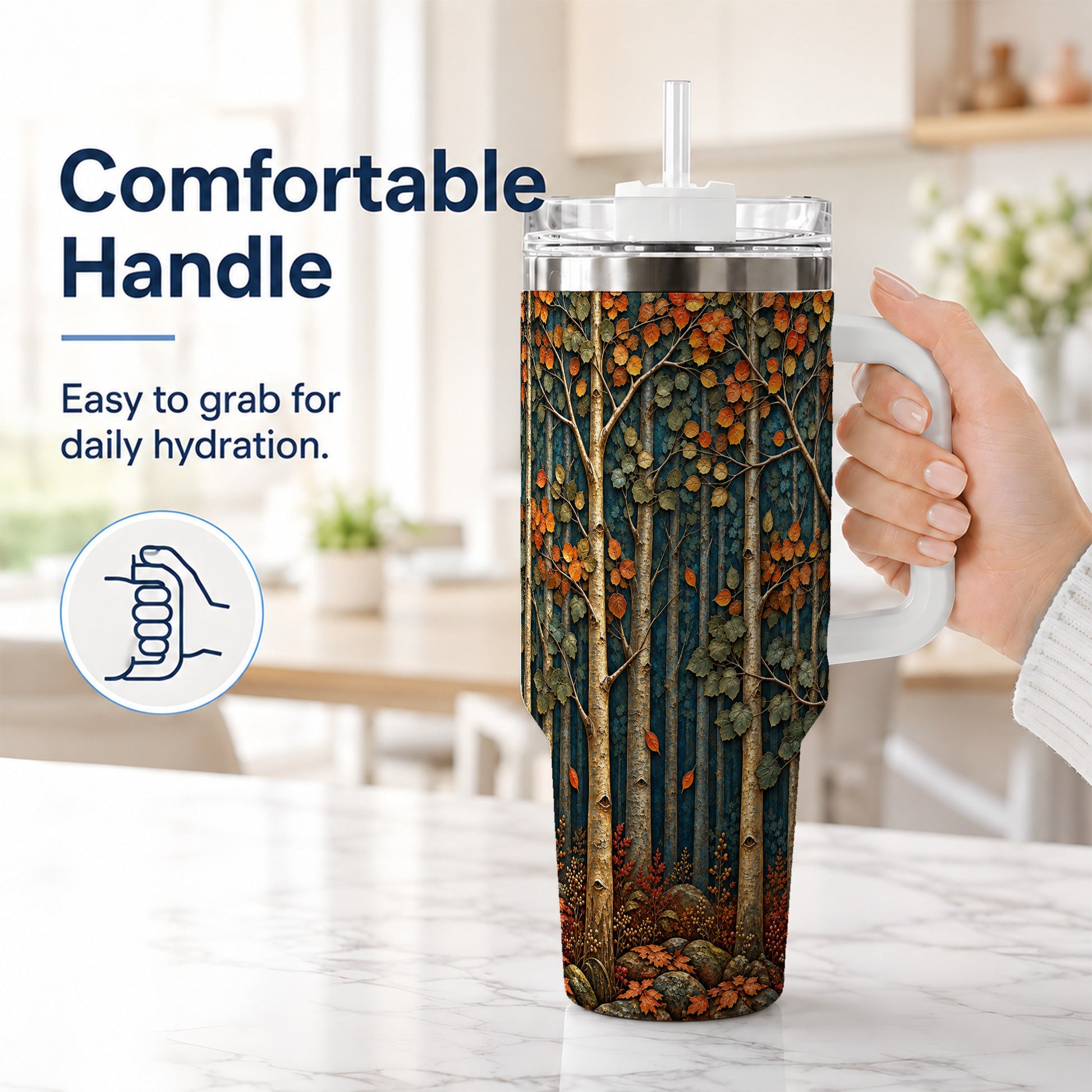 #pl[40oz|White] Autumn Birch Forest 40oz Tumbler with Handle, Fall Travel Cup