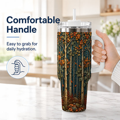 #pl[40oz|White] Autumn Birch Forest 40oz Tumbler with Handle, Fall Travel Cup