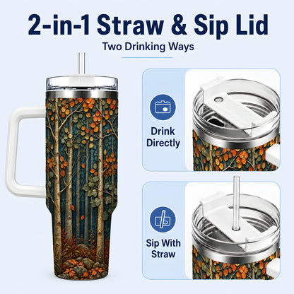 #pl[40oz|White] Autumn Birch Forest 40oz Tumbler with Handle, Fall Travel Cup