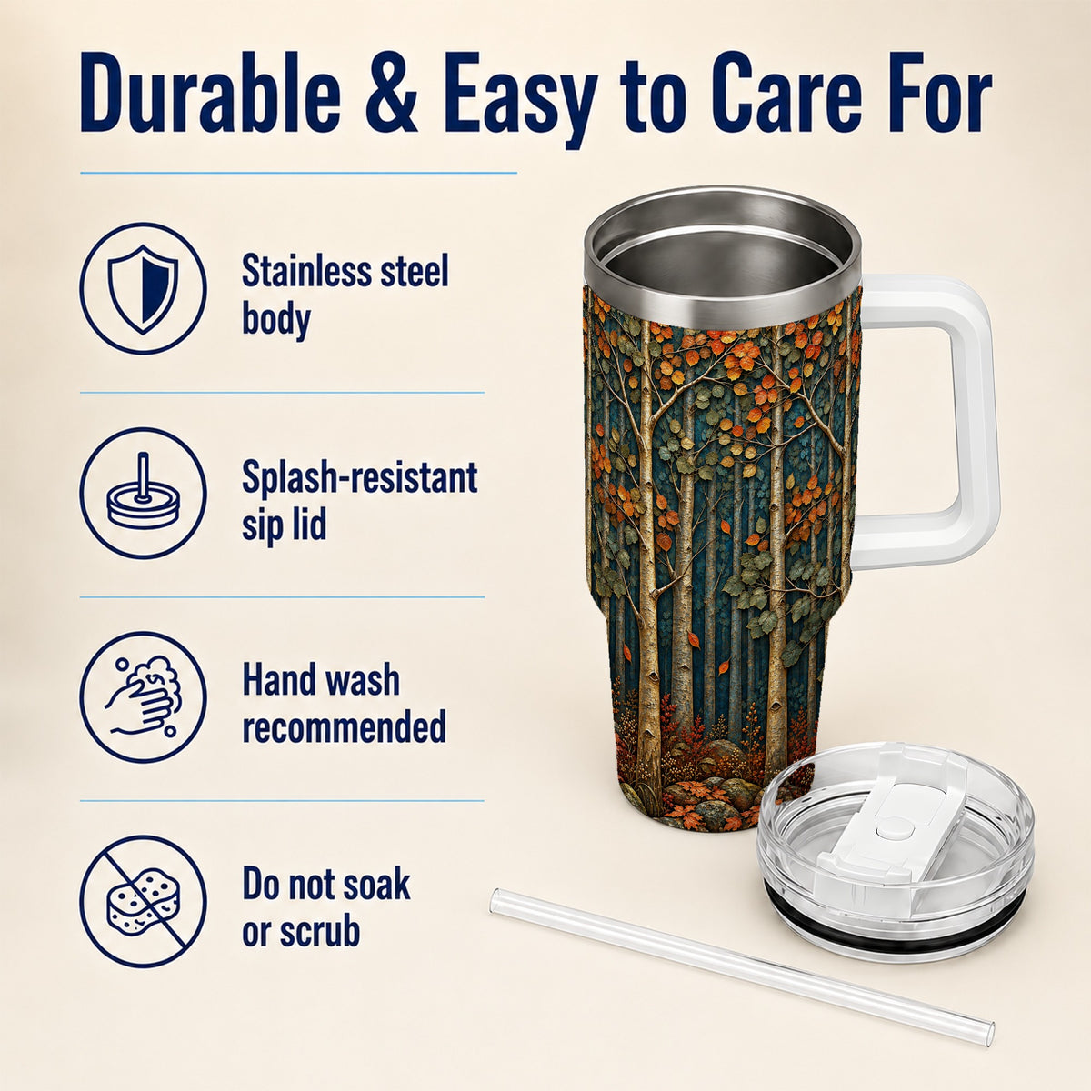 #pl[40oz|White] Autumn Birch Forest 40oz Tumbler with Handle, Fall Travel Cup