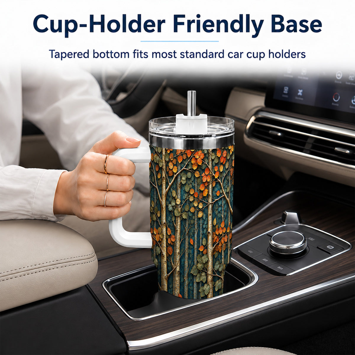 #pl[40oz|White] Autumn Birch Forest 40oz Tumbler with Handle, Fall Travel Cup