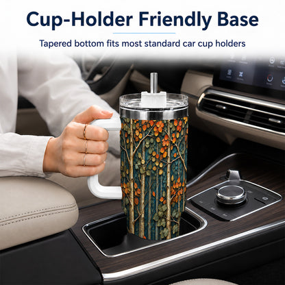 #pl[40oz|White] Autumn Birch Forest 40oz Tumbler with Handle, Fall Travel Cup