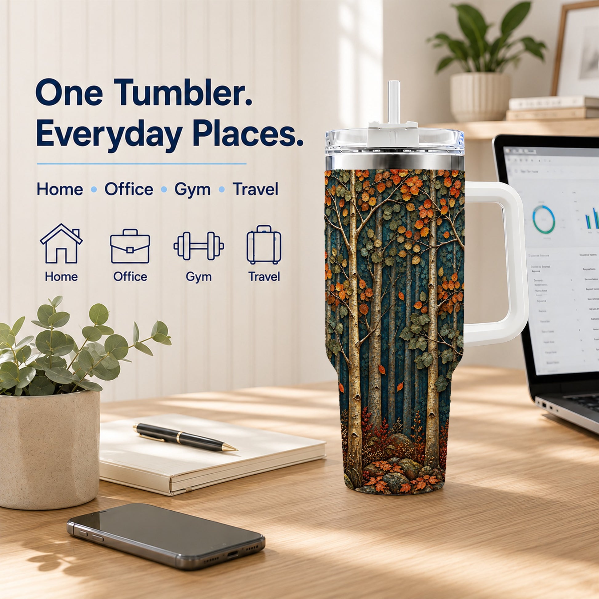 #pl[40oz|White] Autumn Birch Forest 40oz Tumbler with Handle, Fall Travel Cup
