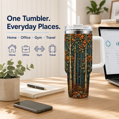 #pl[40oz|White] Autumn Birch Forest 40oz Tumbler with Handle, Fall Travel Cup