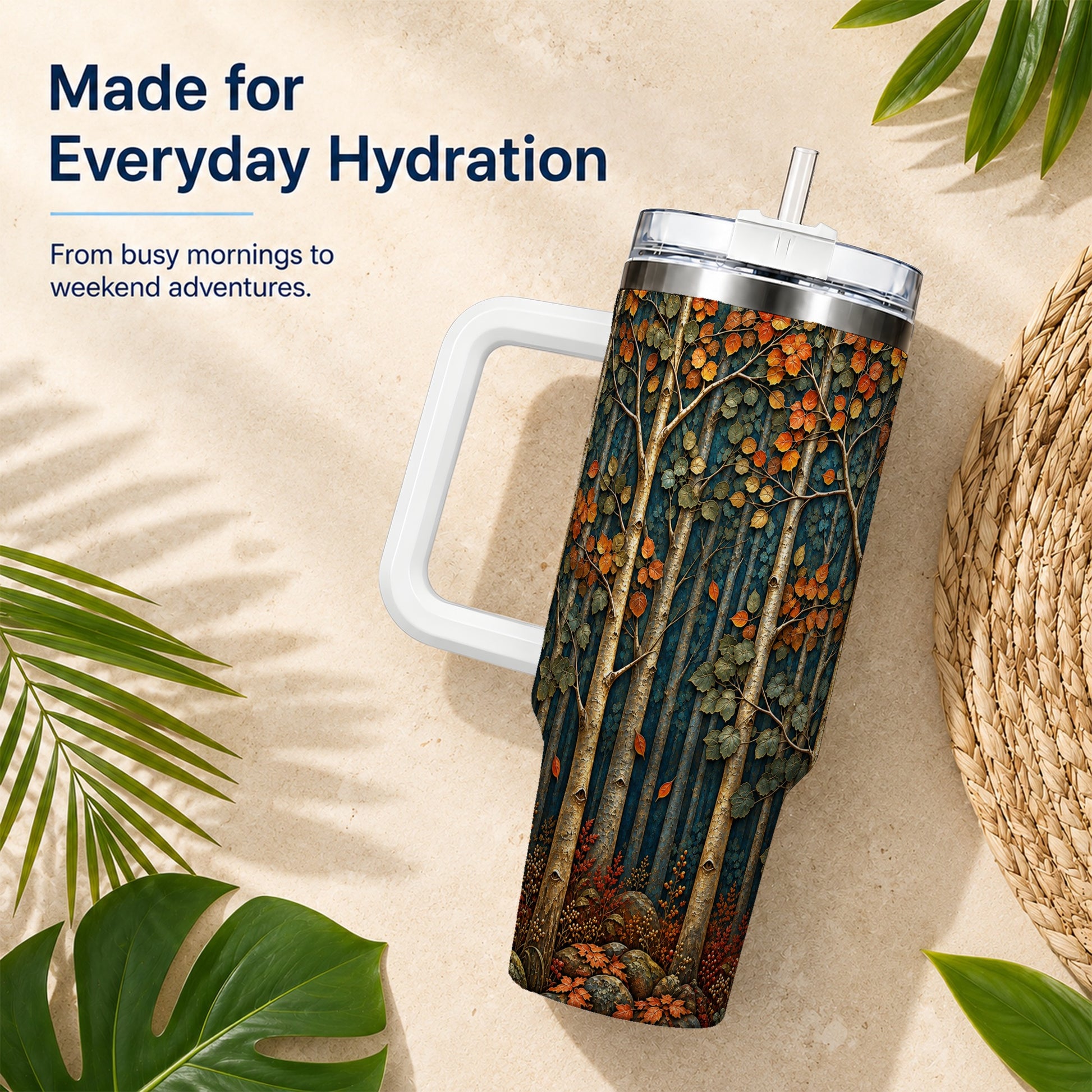 #pl[40oz|White] Autumn Birch Forest 40oz Tumbler with Handle, Fall Travel Cup