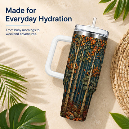 #pl[40oz|White] Autumn Birch Forest 40oz Tumbler with Handle, Fall Travel Cup