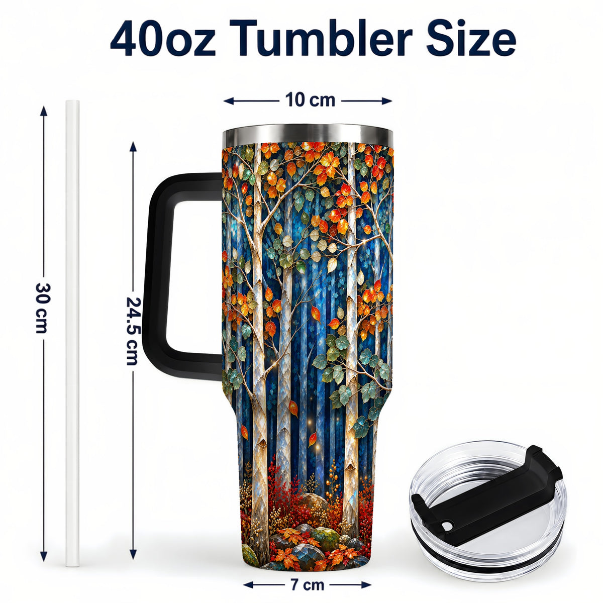 #pl[40oz|Black] Luminous Birch Forest 40oz Tumbler with Handle, Autumn Travel Cup
