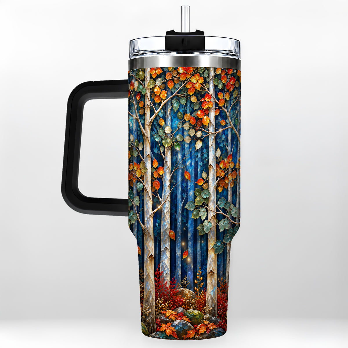 #pl[40oz|Black] Luminous Birch Forest 40oz Tumbler with Handle, Autumn Travel Cup