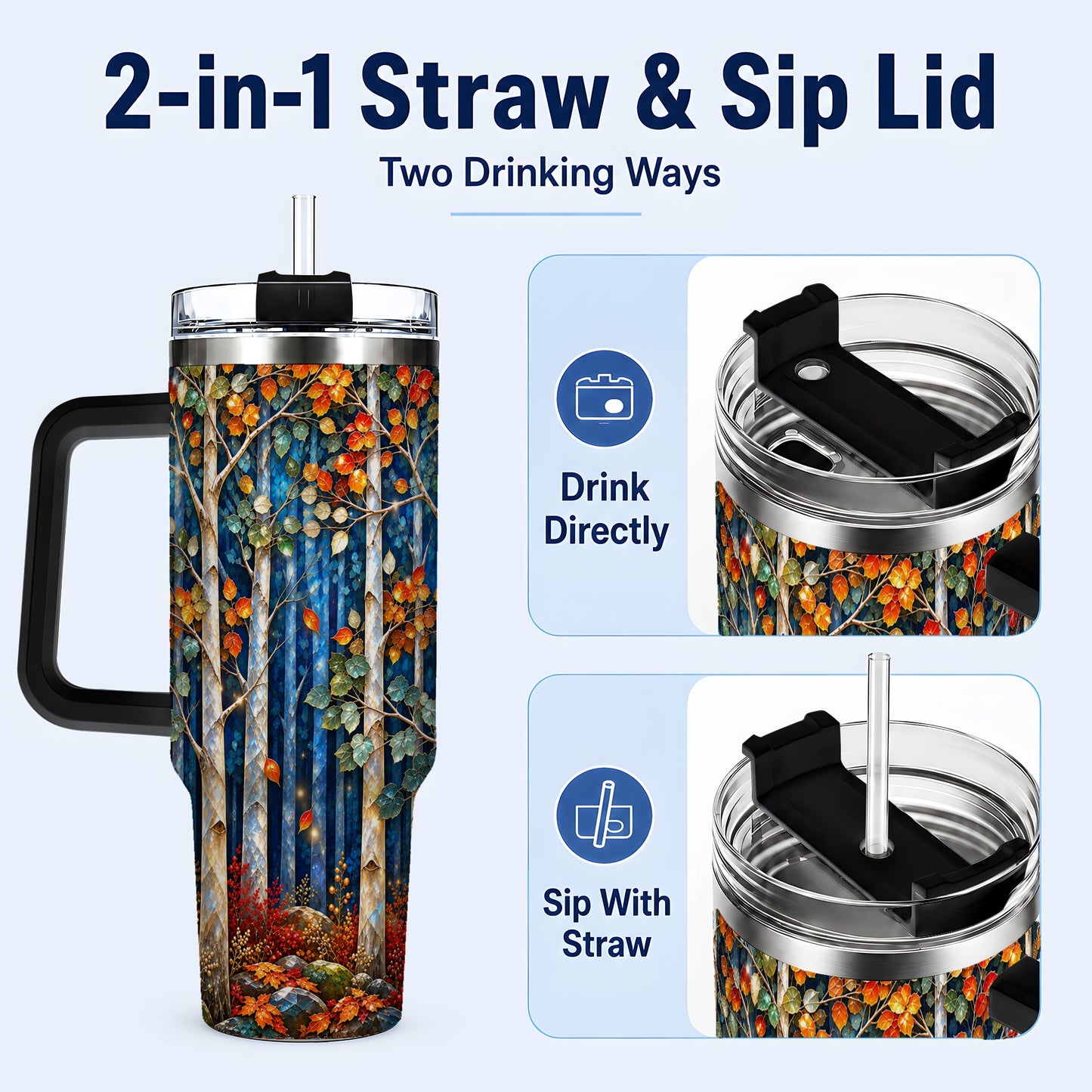 #pl[40oz|Black] Luminous Birch Forest 40oz Tumbler with Handle, Autumn Travel Cup