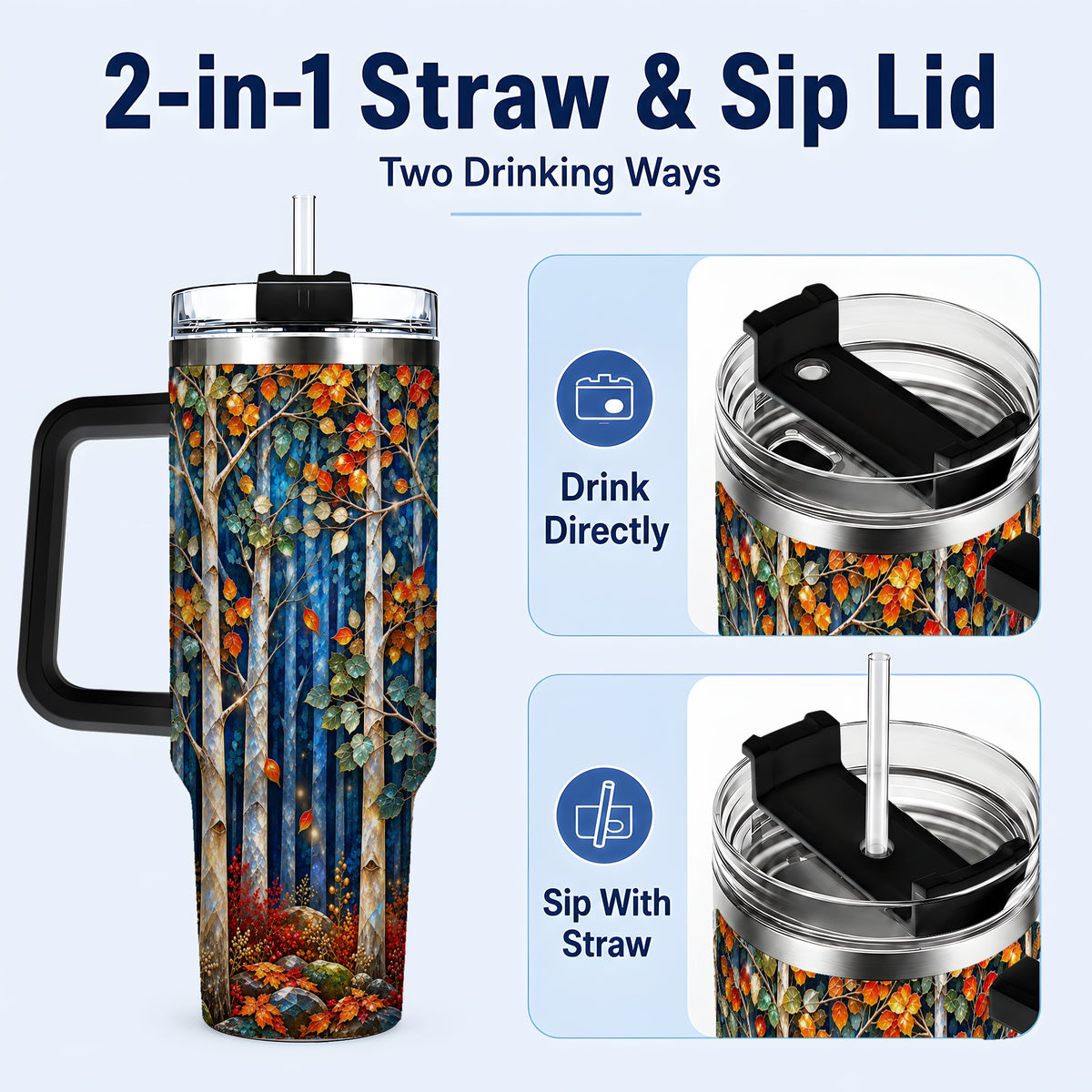 #pl[40oz|Black] Luminous Birch Forest 40oz Tumbler with Handle, Autumn Travel Cup