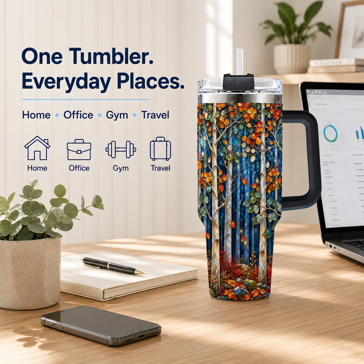 #pl[40oz|Black] Luminous Birch Forest 40oz Tumbler with Handle, Autumn Travel Cup