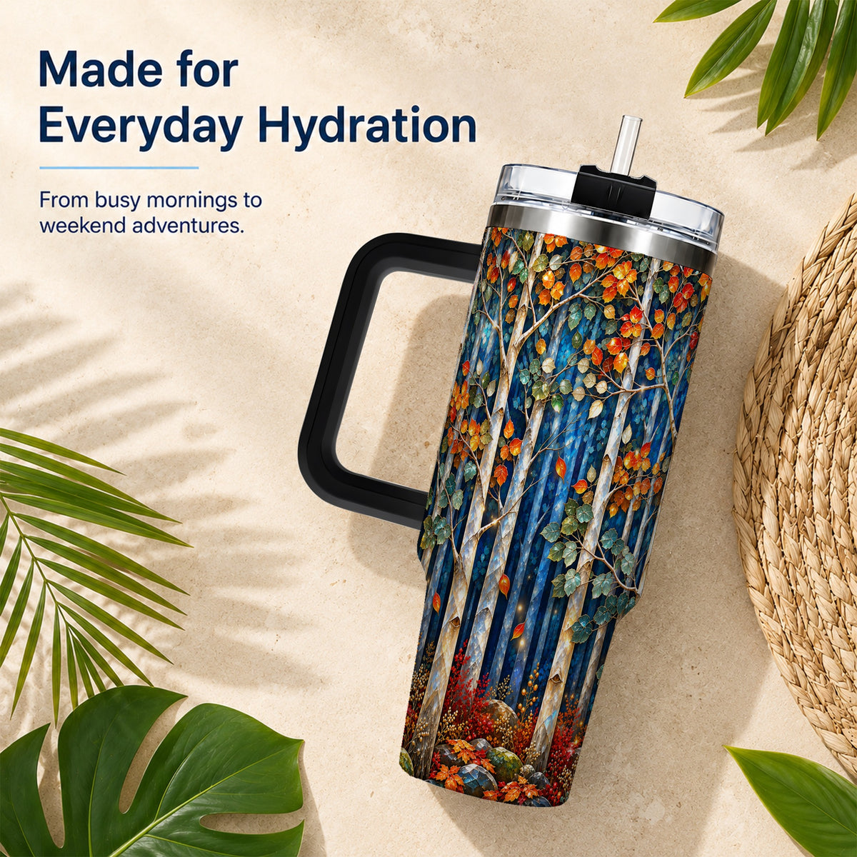 #pl[40oz|Black] Luminous Birch Forest 40oz Tumbler with Handle, Autumn Travel Cup