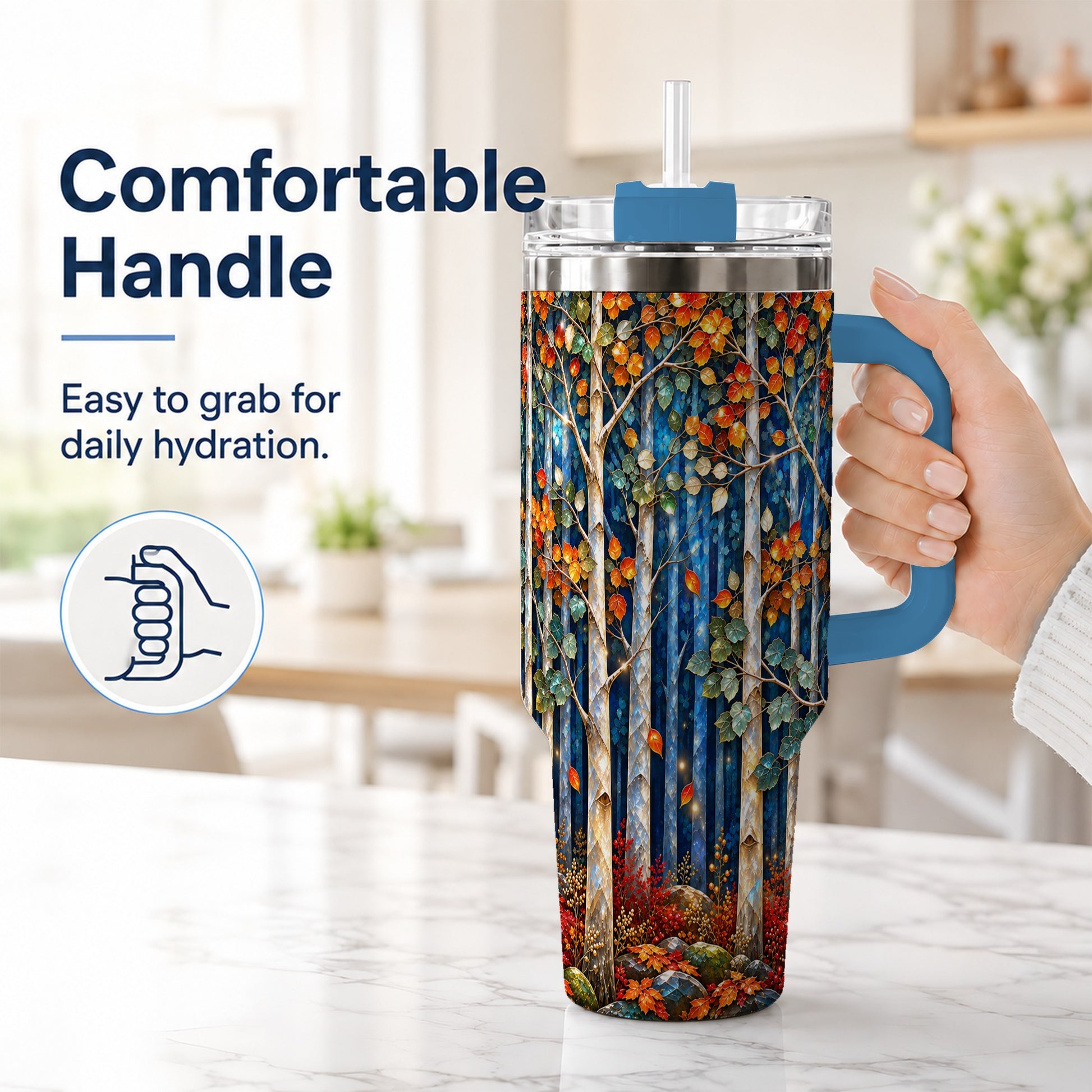 #pl[40oz|Blue] Luminous Birch Forest 40oz Tumbler with Handle, Autumn Travel Cup