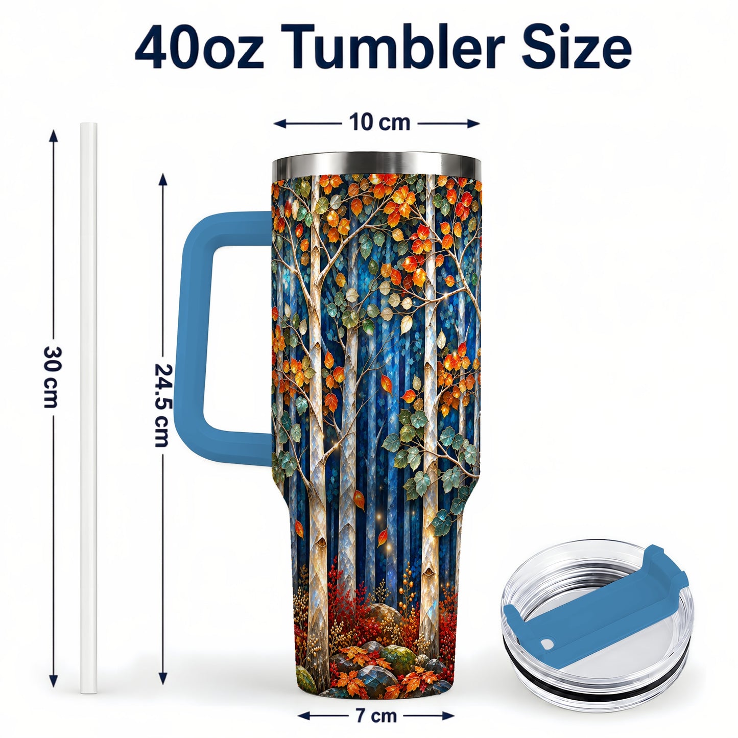 #pl[40oz|Blue] Luminous Birch Forest 40oz Tumbler with Handle, Autumn Travel Cup