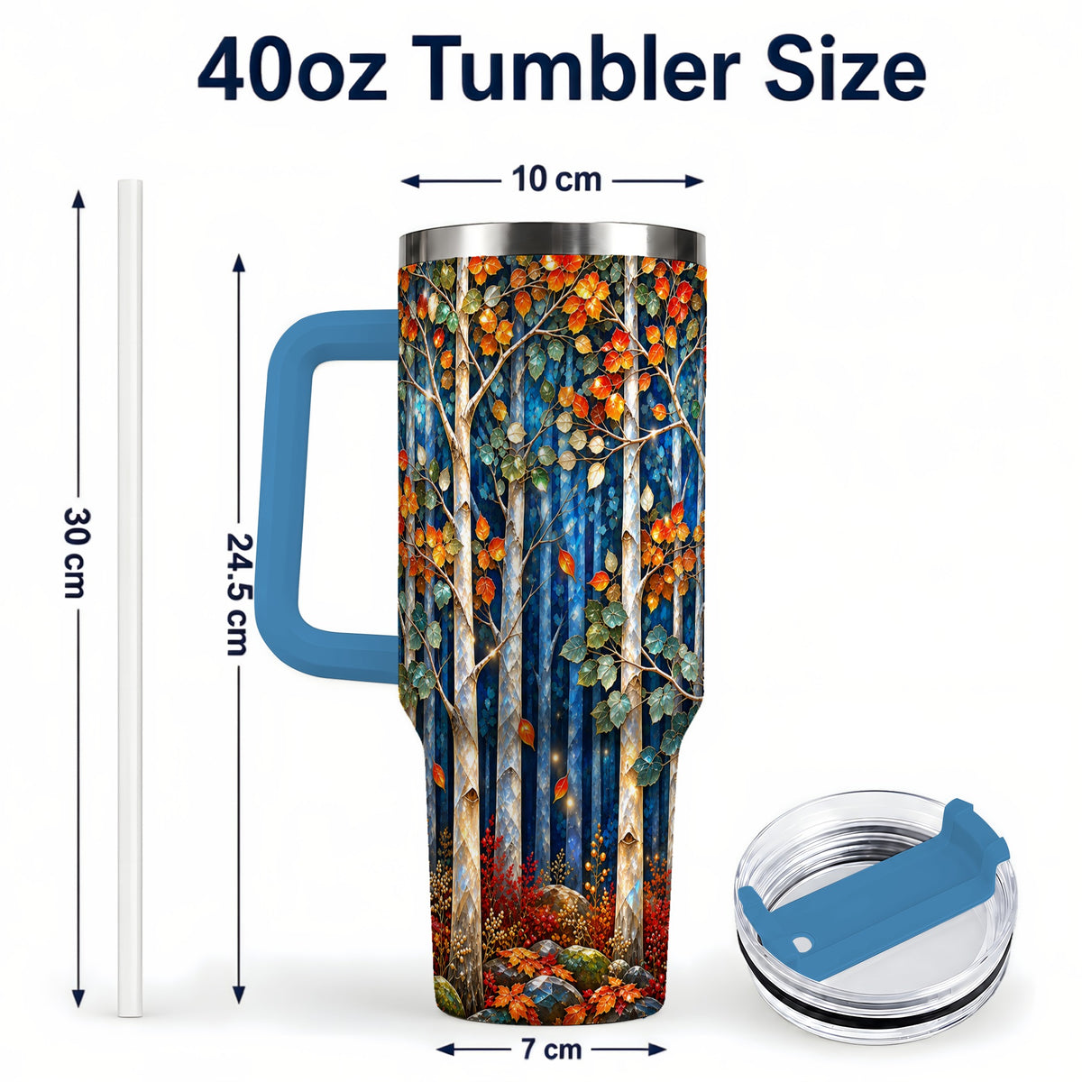 #pl[40oz|Blue] Luminous Birch Forest 40oz Tumbler with Handle, Autumn Travel Cup