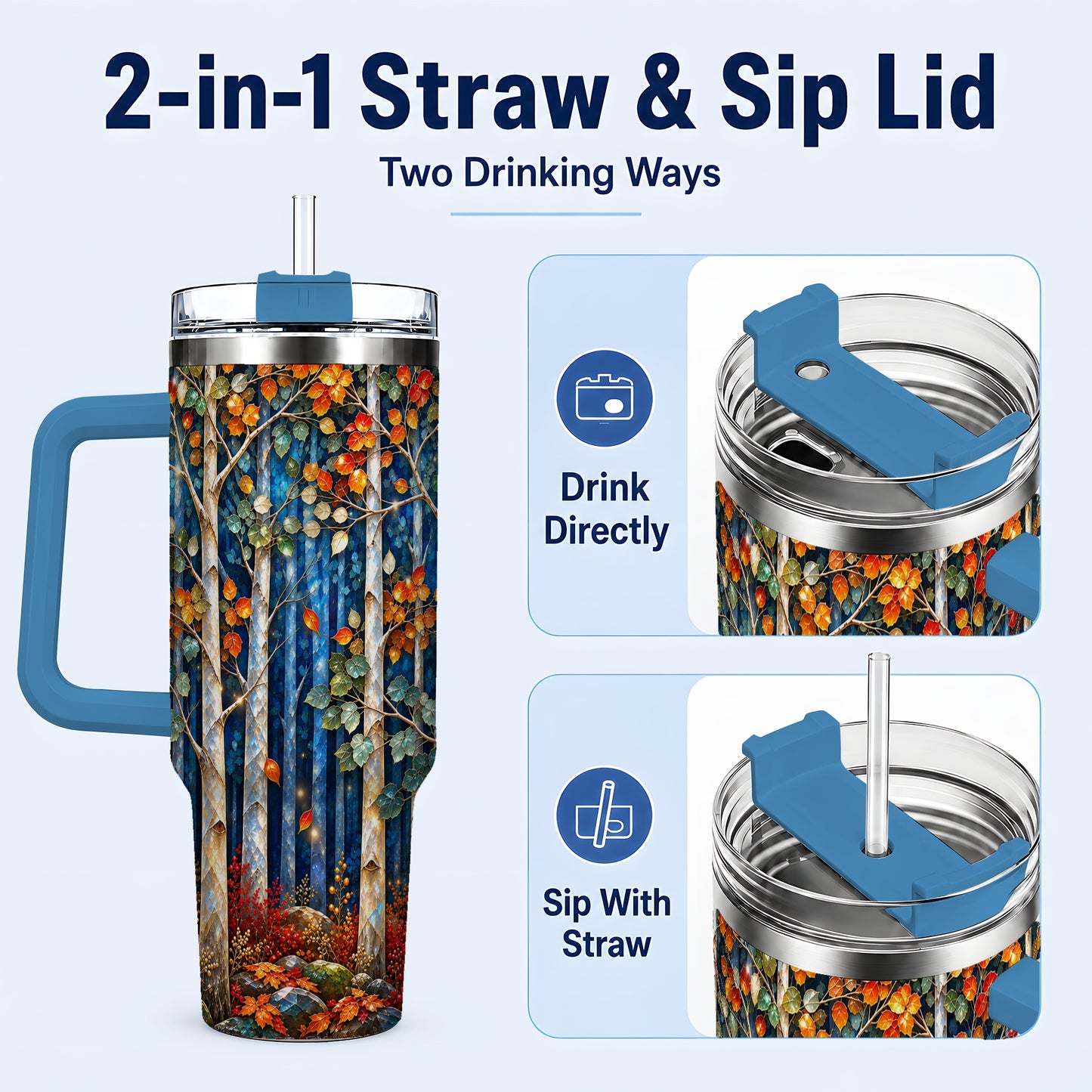 #pl[40oz|Blue] Luminous Birch Forest 40oz Tumbler with Handle, Autumn Travel Cup