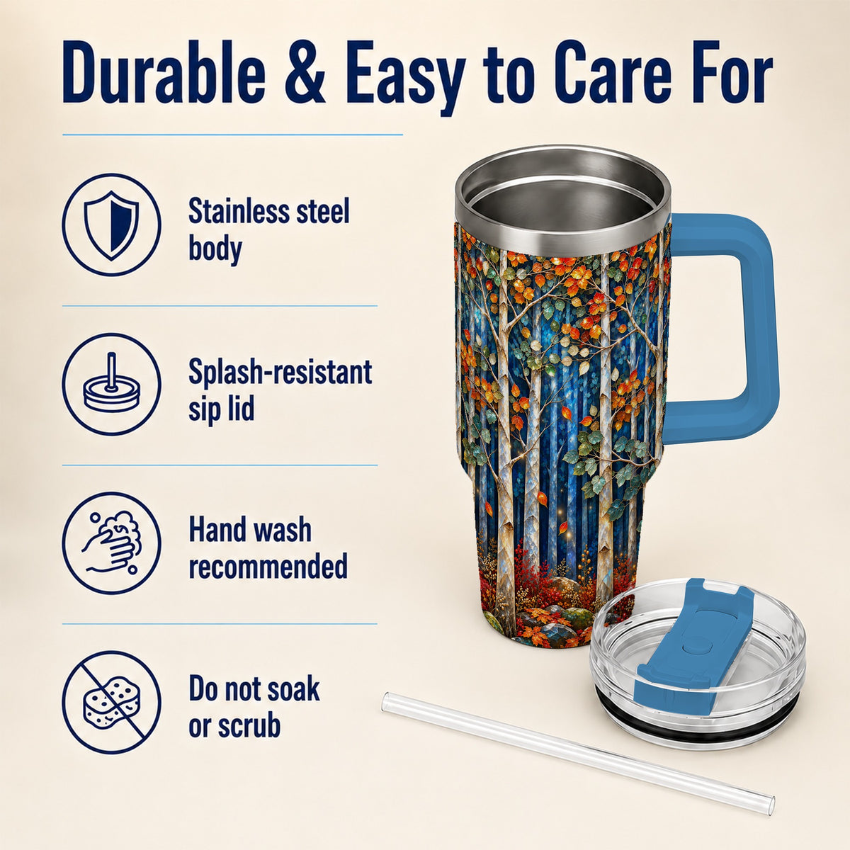 #pl[40oz|Blue] Luminous Birch Forest 40oz Tumbler with Handle, Autumn Travel Cup