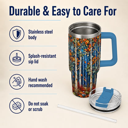 #pl[40oz|Blue] Luminous Birch Forest 40oz Tumbler with Handle, Autumn Travel Cup