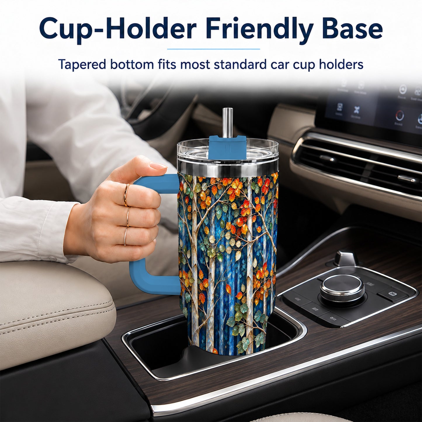 #pl[40oz|Blue] Luminous Birch Forest 40oz Tumbler with Handle, Autumn Travel Cup