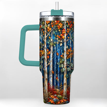 #pl[40oz|Green] Luminous Birch Forest 40oz Tumbler with Handle, Autumn Travel Cup