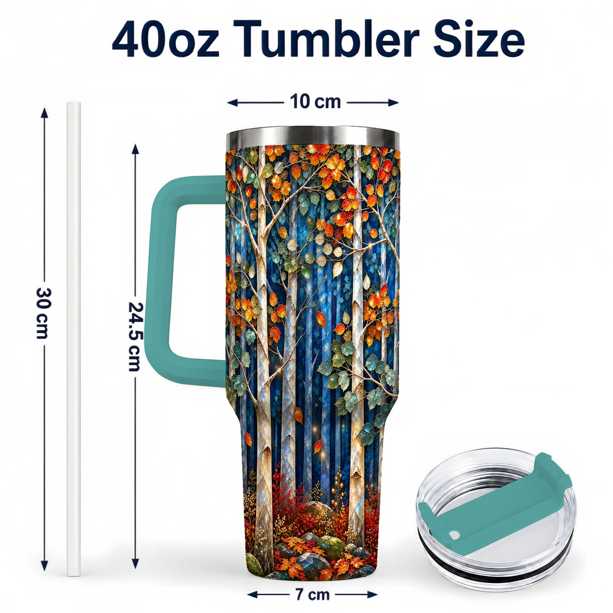 #pl[40oz|Green] Luminous Birch Forest 40oz Tumbler with Handle, Autumn Travel Cup