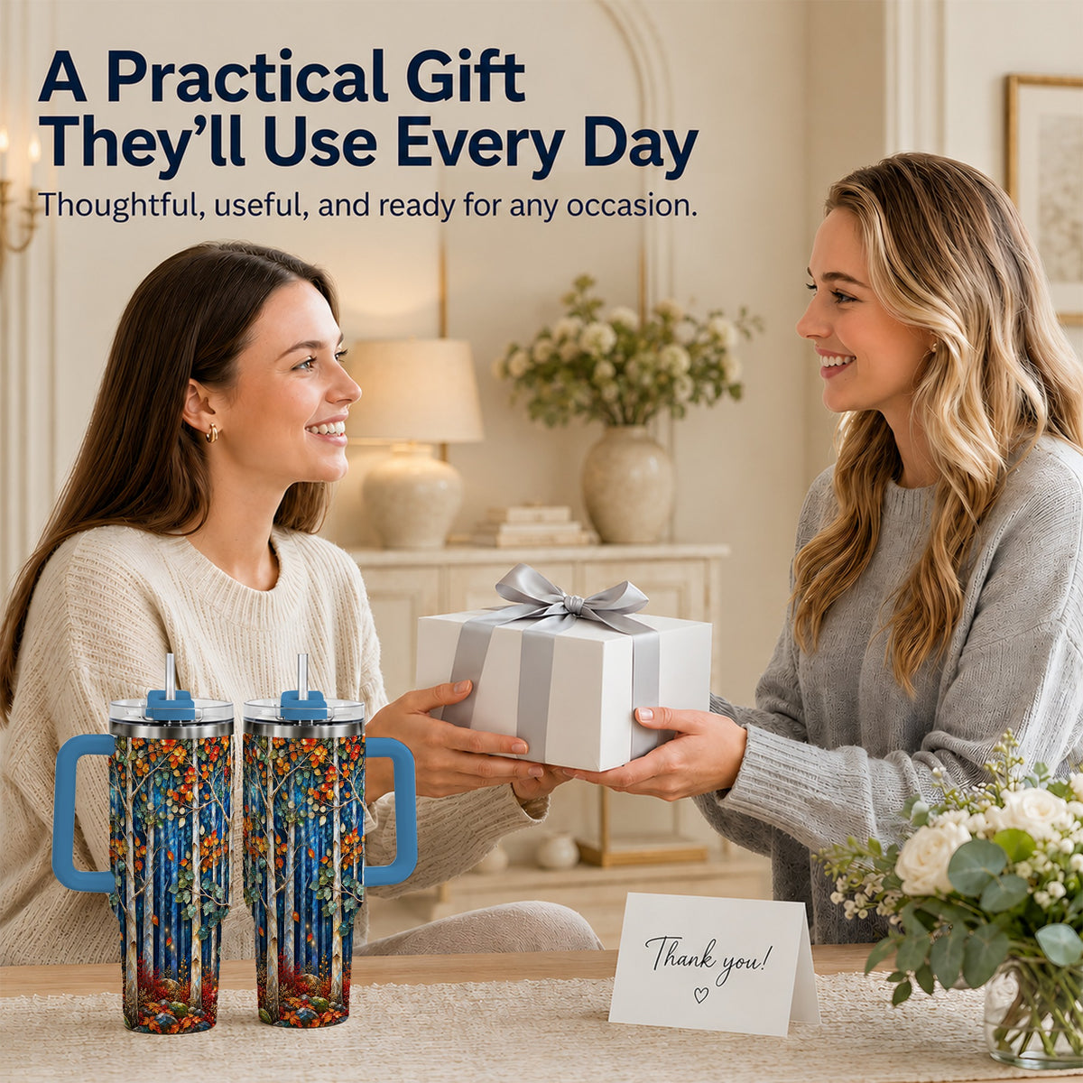#pl[40oz|Blue] Luminous Birch Forest 40oz Tumbler with Handle, Autumn Travel Cup