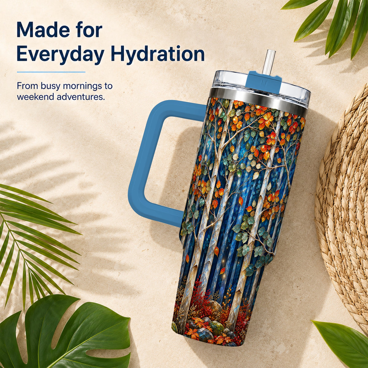 #pl[40oz|Blue] Luminous Birch Forest 40oz Tumbler with Handle, Autumn Travel Cup