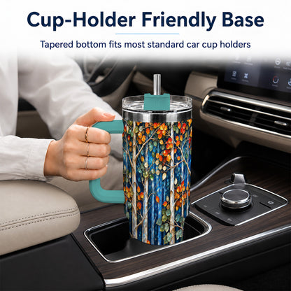 #pl[40oz|Green] Luminous Birch Forest 40oz Tumbler with Handle, Autumn Travel Cup