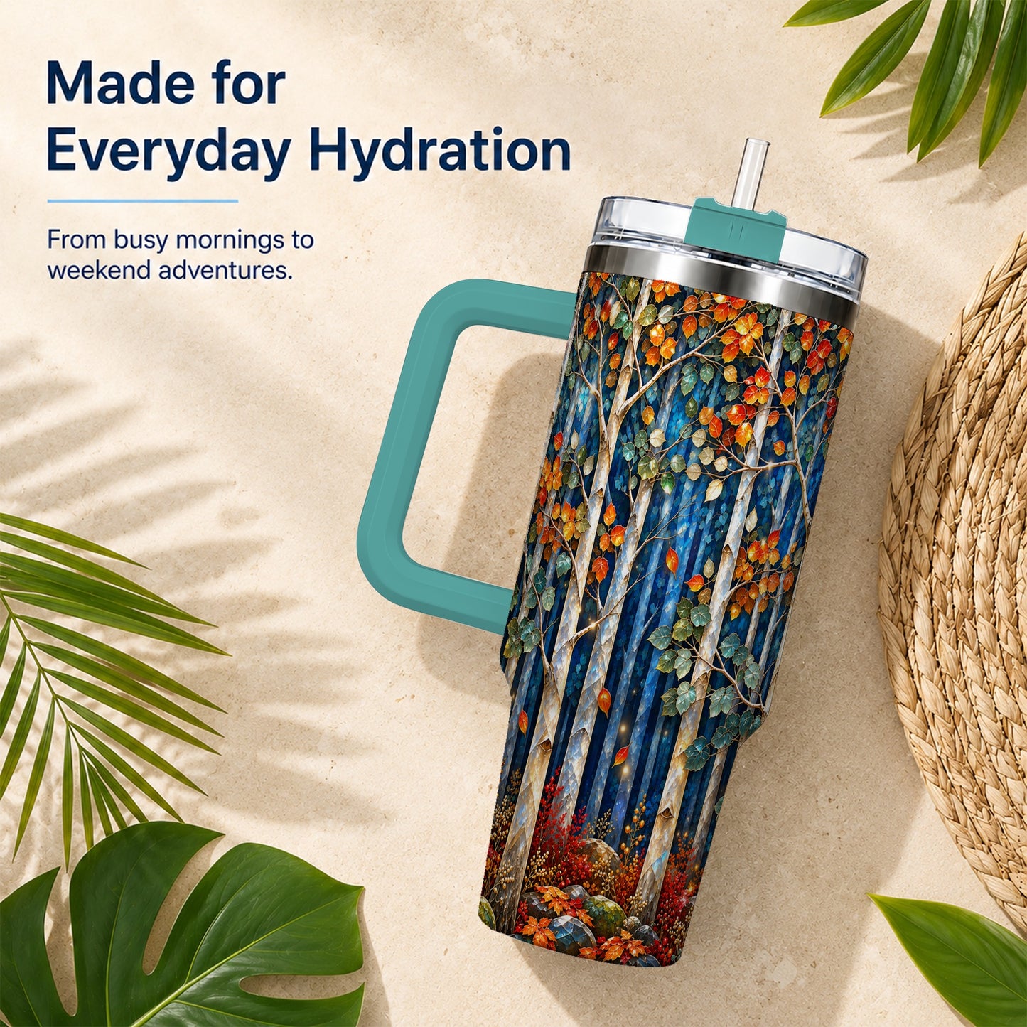 #pl[40oz|Green] Luminous Birch Forest 40oz Tumbler with Handle, Autumn Travel Cup