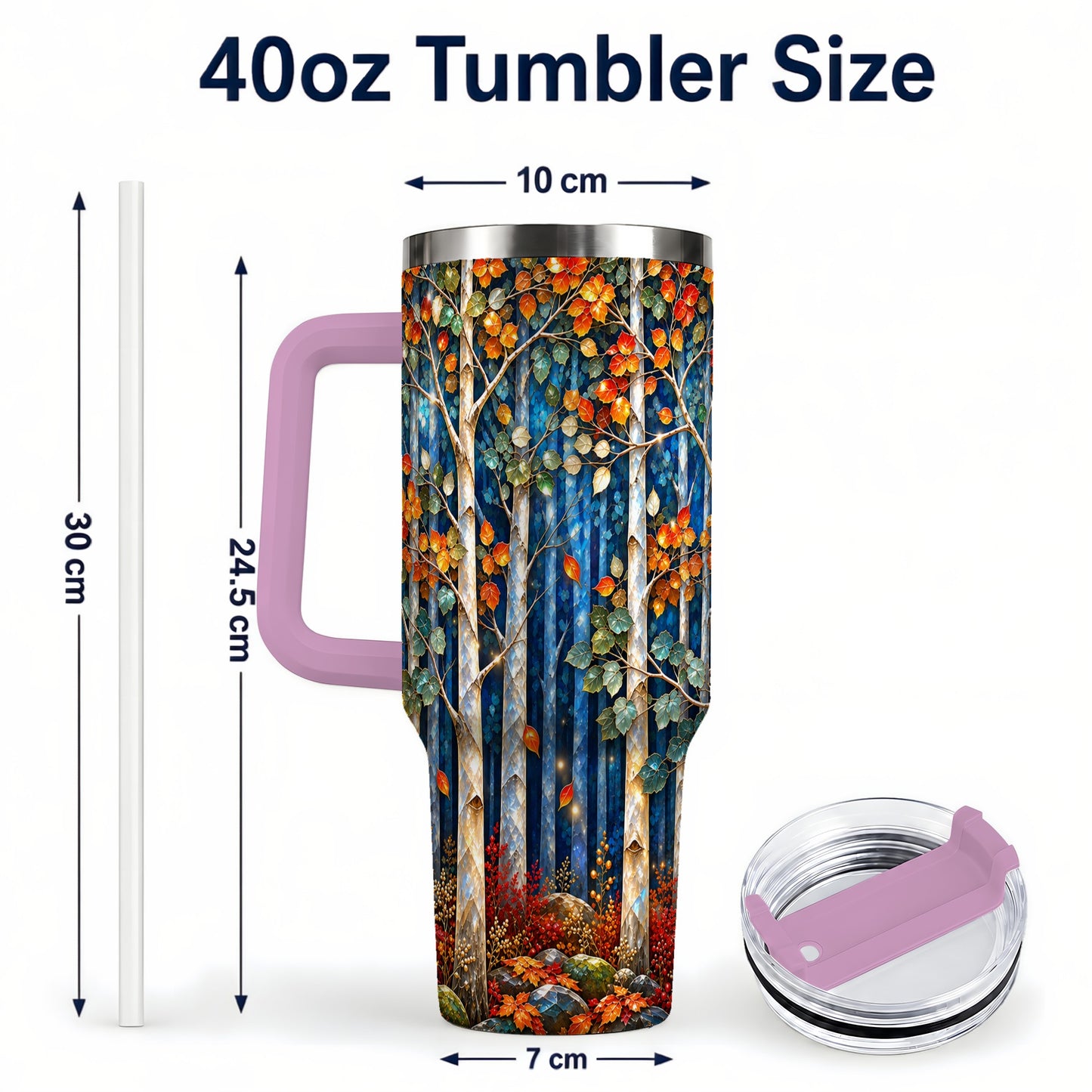#pl[40oz|Pink] Luminous Birch Forest 40oz Tumbler with Handle, Autumn Travel Cup