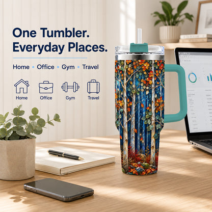 #pl[40oz|Green] Luminous Birch Forest 40oz Tumbler with Handle, Autumn Travel Cup