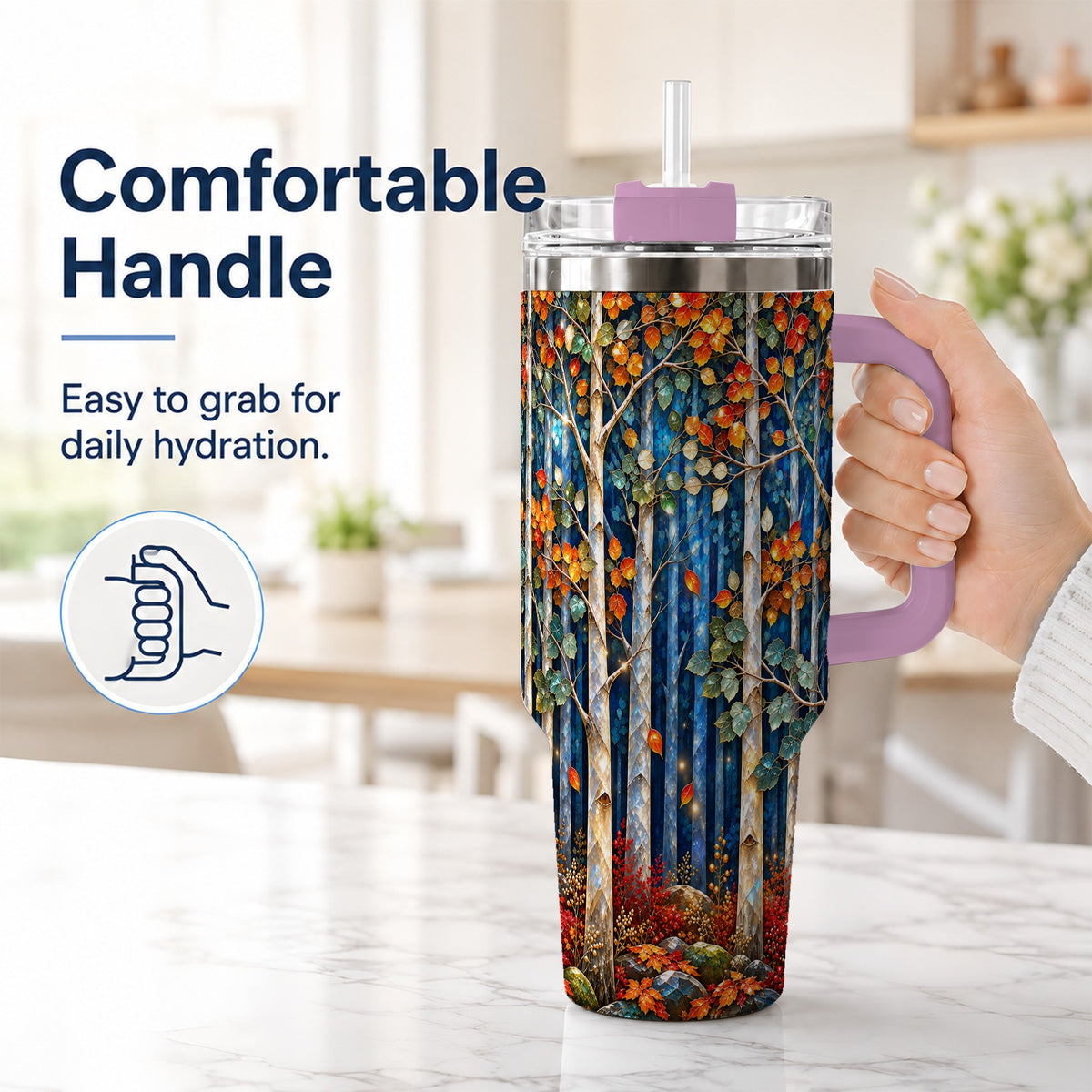#pl[40oz|Pink] Luminous Birch Forest 40oz Tumbler with Handle, Autumn Travel Cup