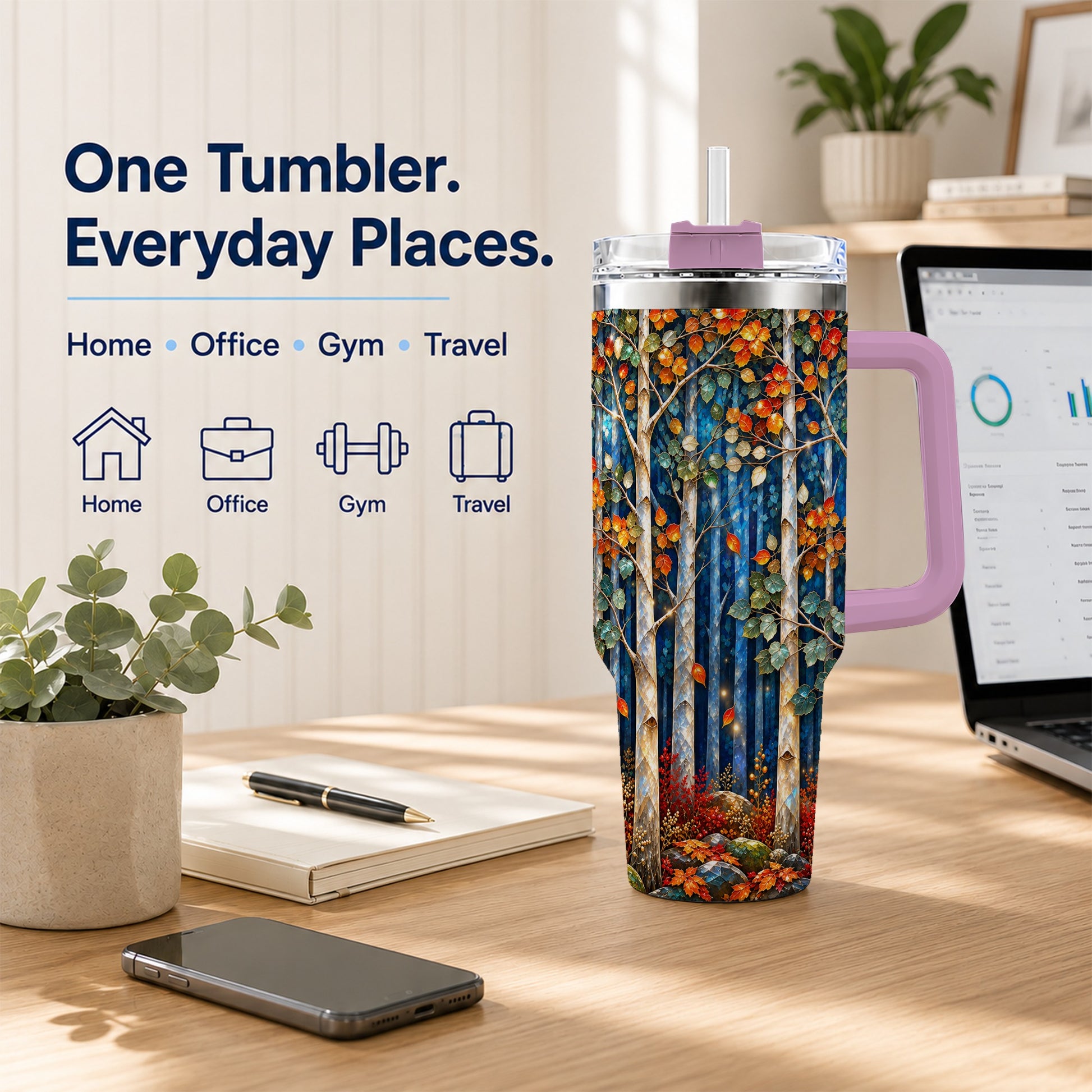 #pl[40oz|Pink] Luminous Birch Forest 40oz Tumbler with Handle, Autumn Travel Cup