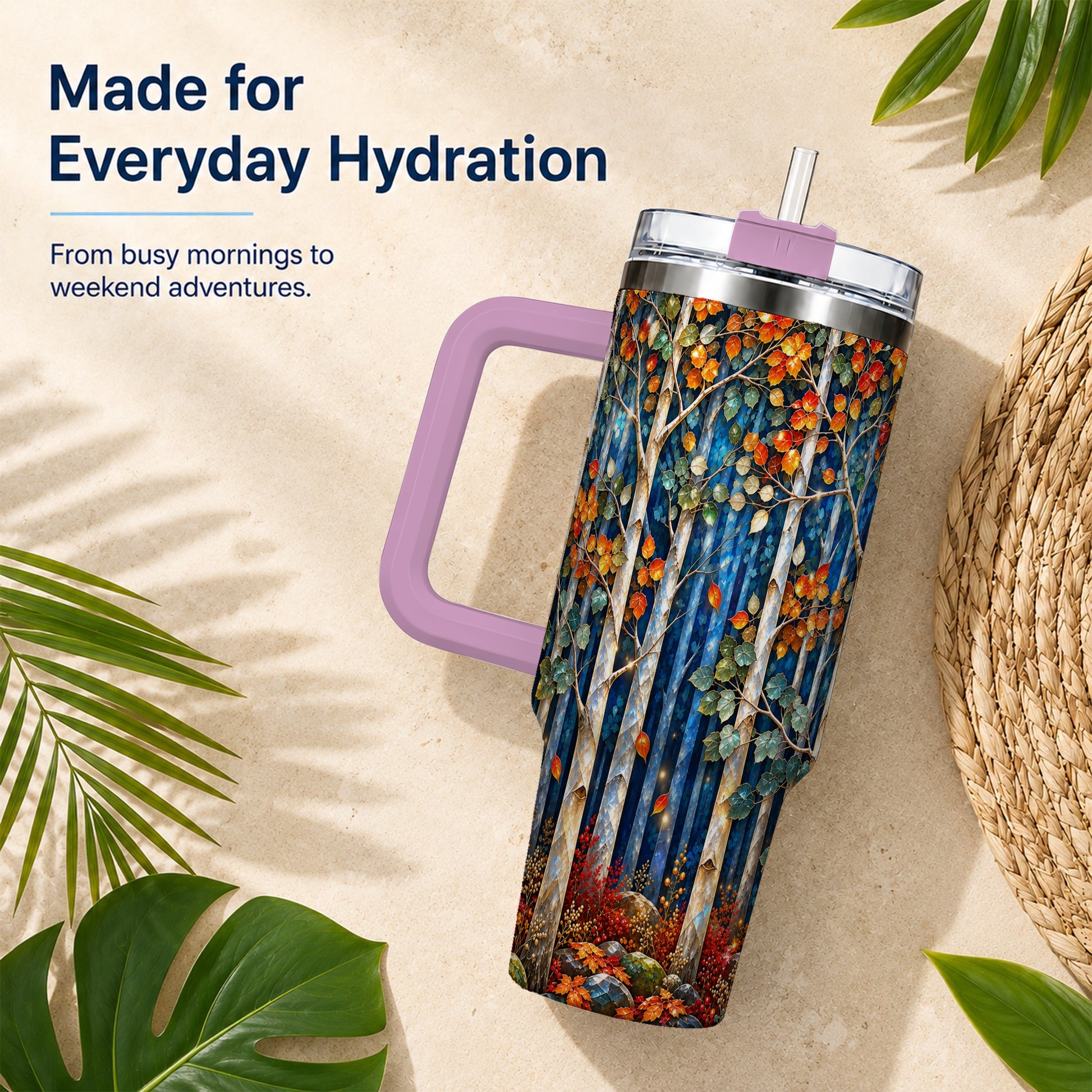 #pl[40oz|Pink] Luminous Birch Forest 40oz Tumbler with Handle, Autumn Travel Cup