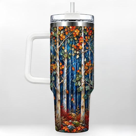 Luminous Birch Forest 40oz Tumbler with Handle, Autumn Travel Cup