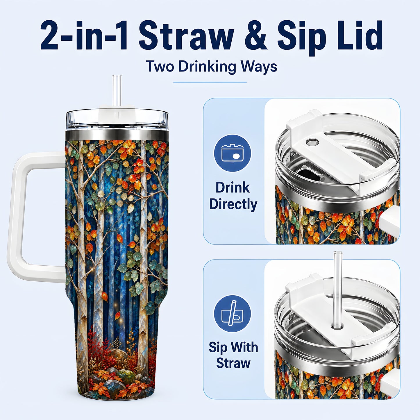 #pl[40oz|White] Luminous Birch Forest 40oz Tumbler with Handle, Autumn Travel Cup