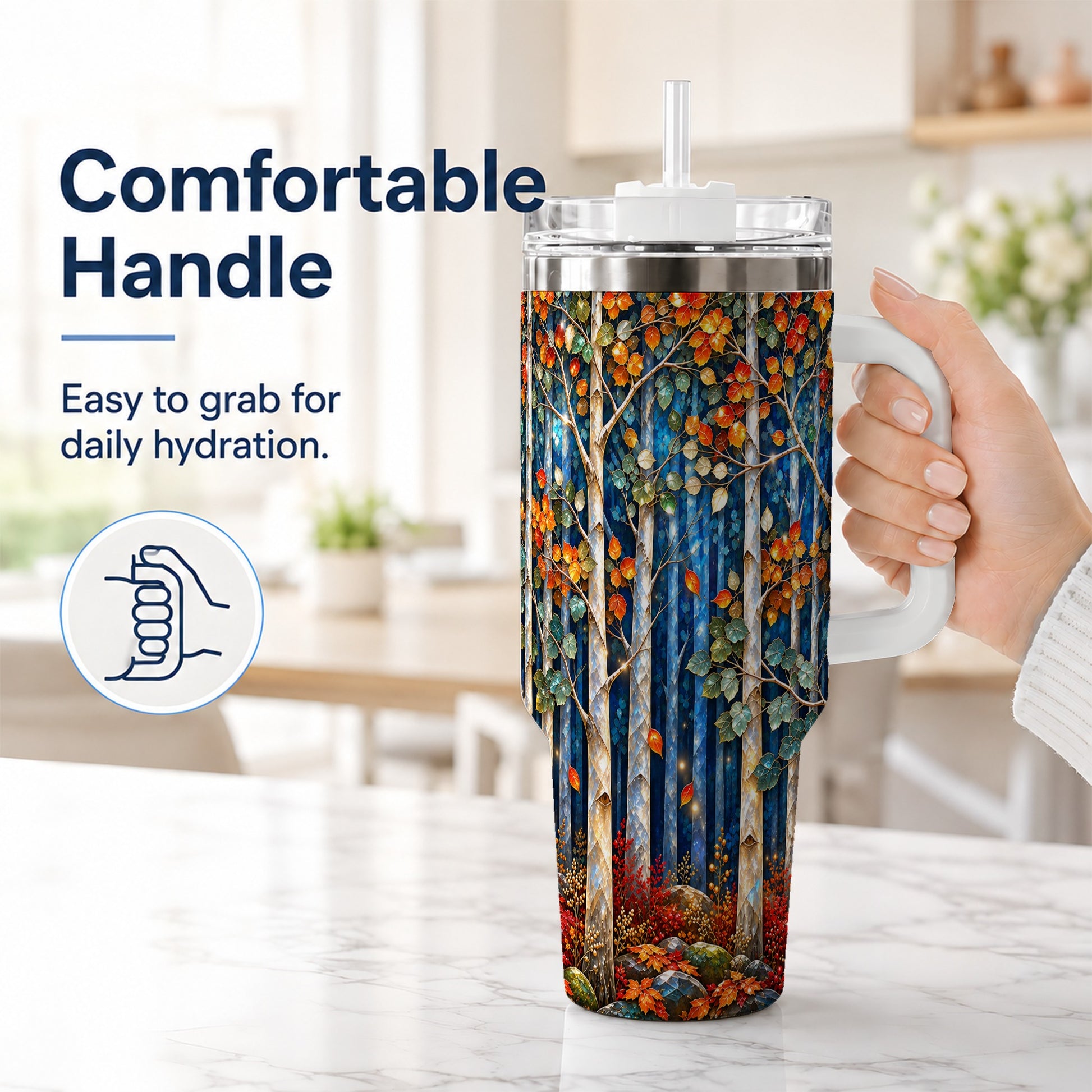 #pl[40oz|White] Luminous Birch Forest 40oz Tumbler with Handle, Autumn Travel Cup