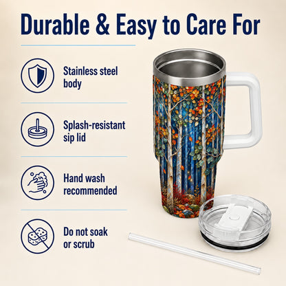 #pl[40oz|White] Luminous Birch Forest 40oz Tumbler with Handle, Autumn Travel Cup