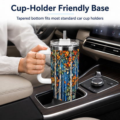 #pl[40oz|White] Luminous Birch Forest 40oz Tumbler with Handle, Autumn Travel Cup