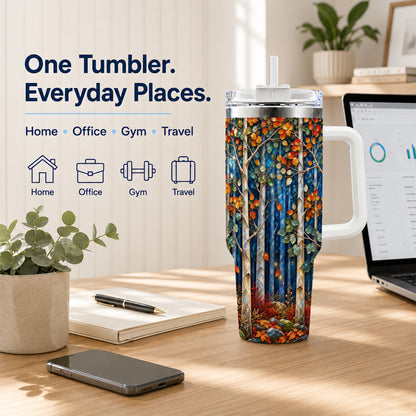 #pl[40oz|White] Luminous Birch Forest 40oz Tumbler with Handle, Autumn Travel Cup
