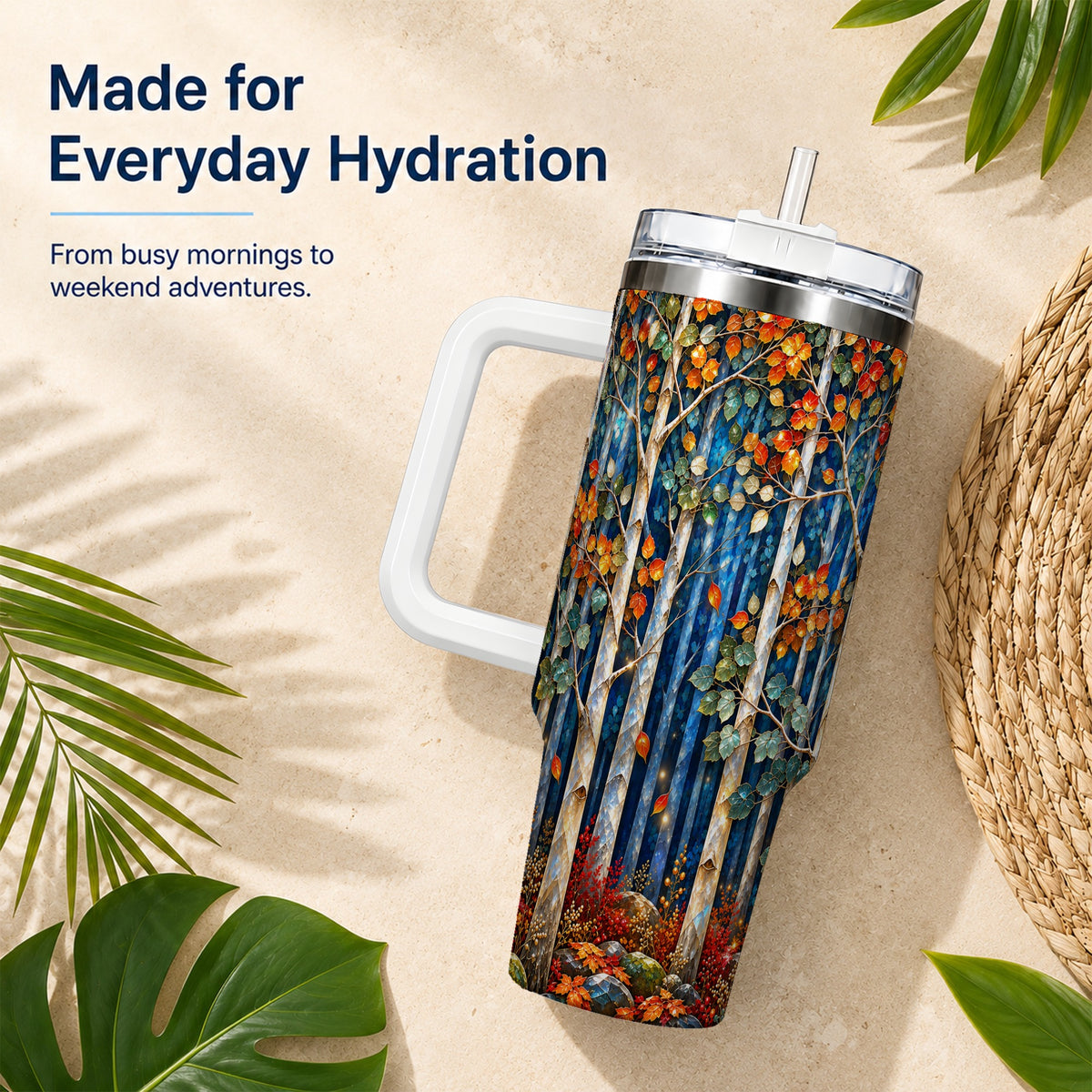 #pl[40oz|White] Luminous Birch Forest 40oz Tumbler with Handle, Autumn Travel Cup