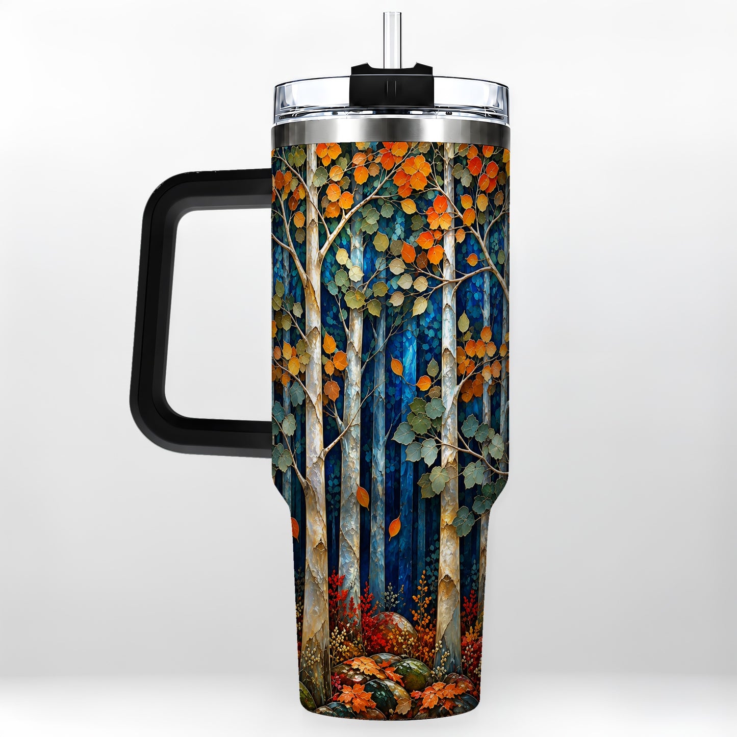 #pl[40oz|Black] Blue Birch Forest 40oz Tumbler with Handle, Autumn Travel Cup