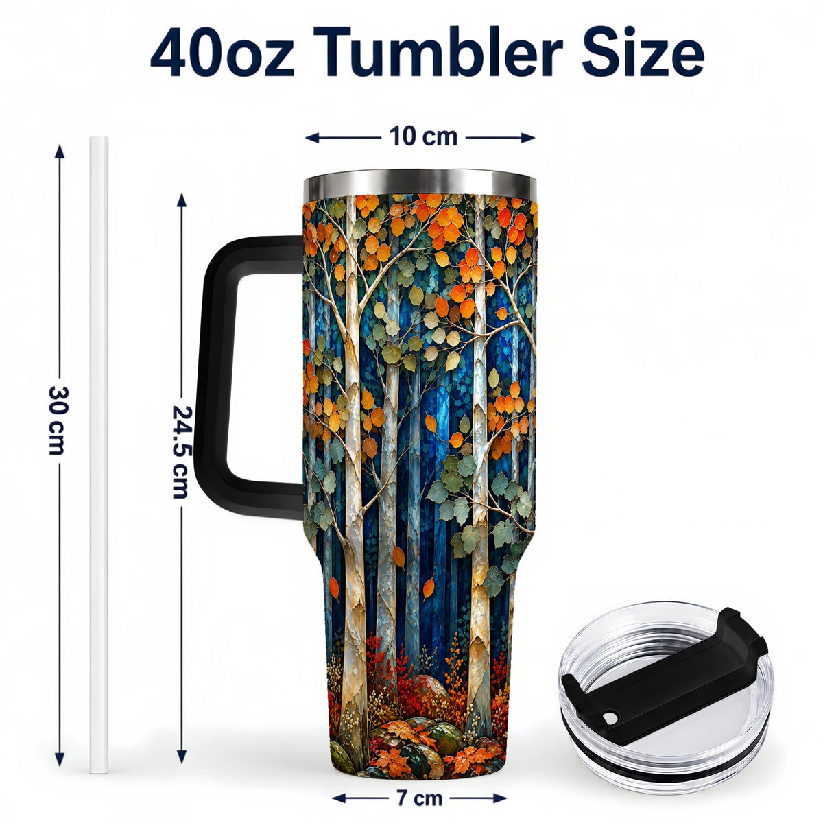#pl[40oz|Black] Blue Birch Forest 40oz Tumbler with Handle, Autumn Travel Cup