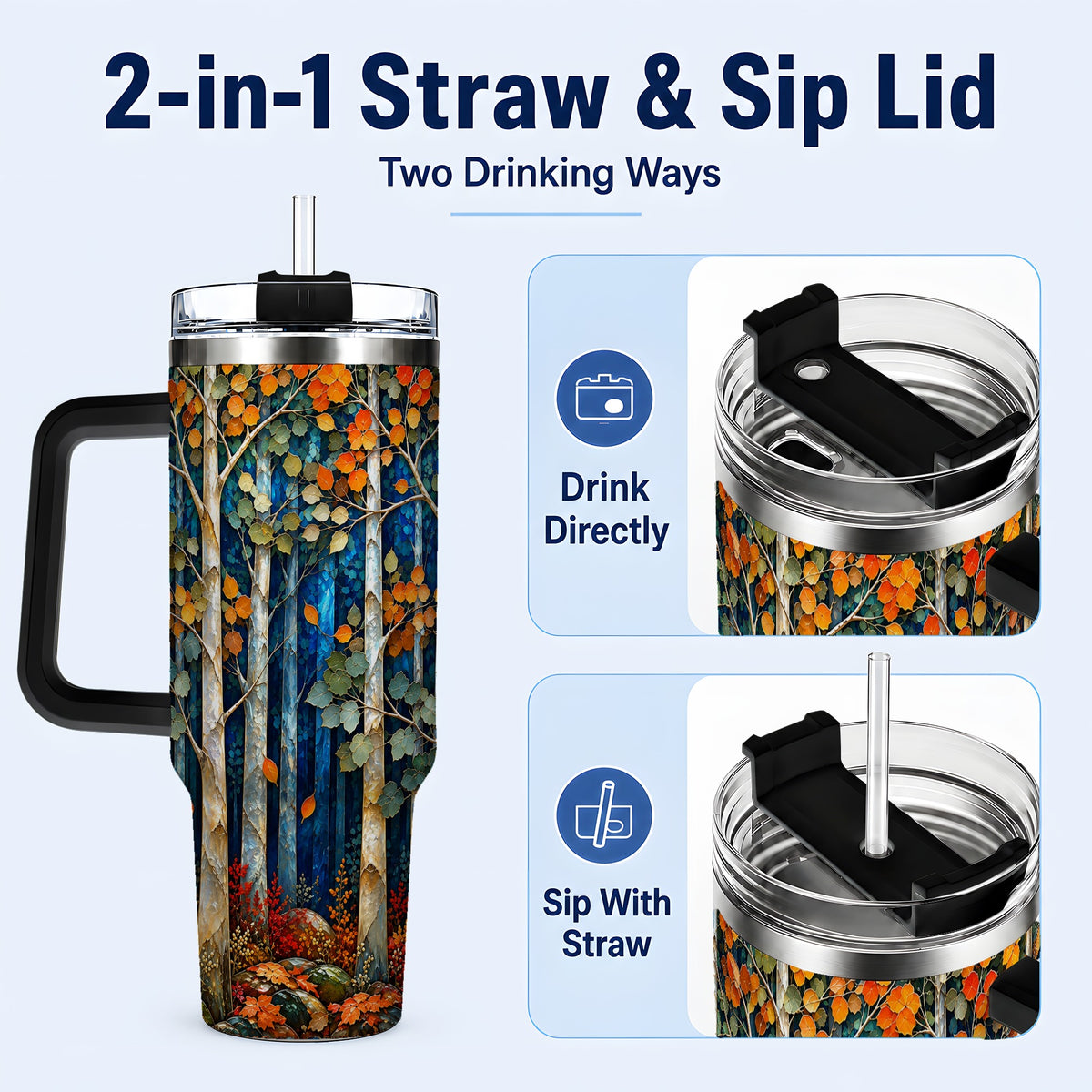 #pl[40oz|Black] Blue Birch Forest 40oz Tumbler with Handle, Autumn Travel Cup